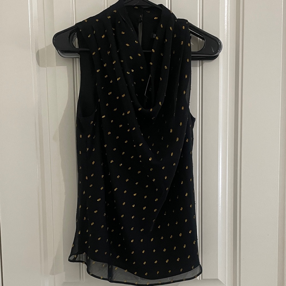 INC International Concepts Black Blouse with Gold Dots